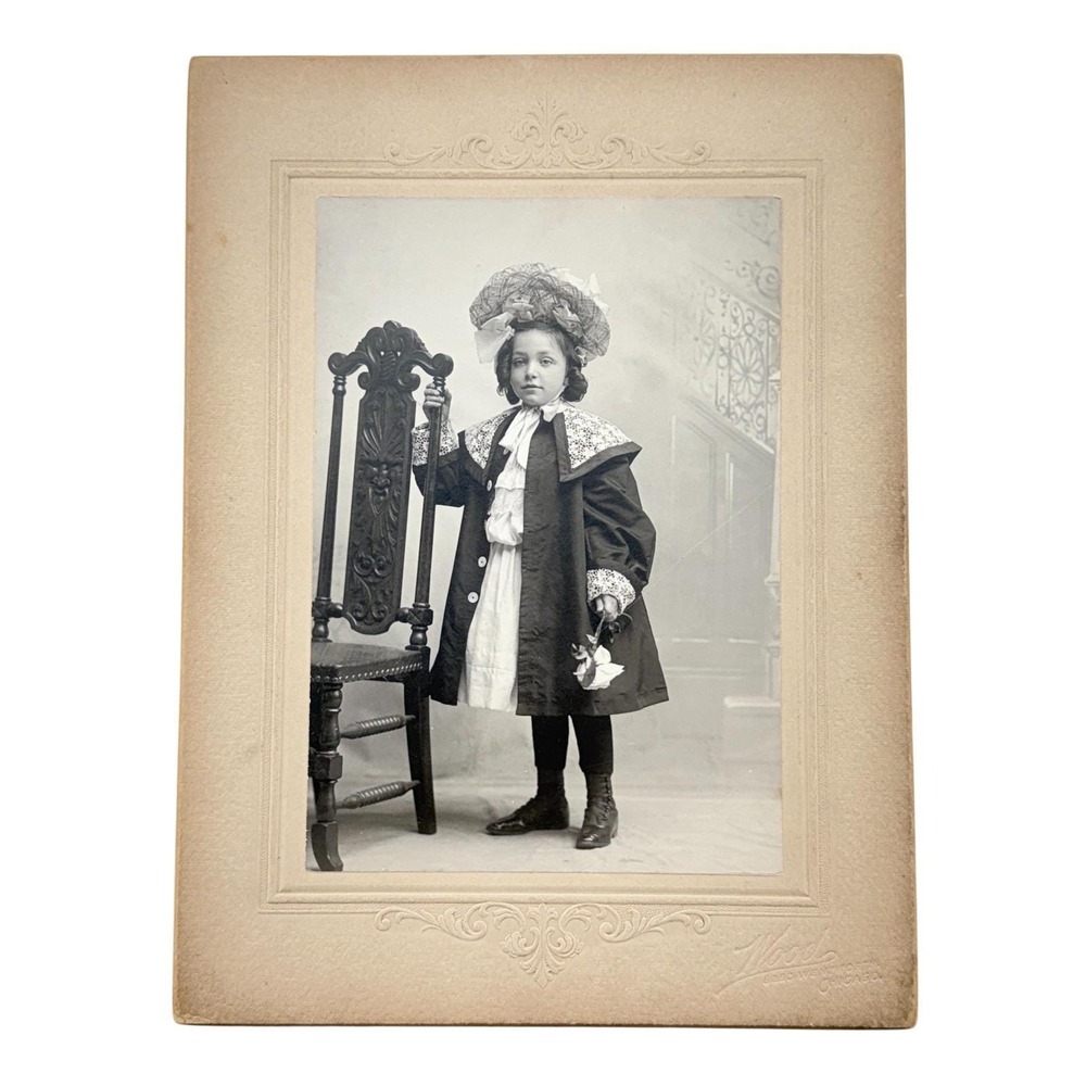 Antique Victorian Cabinet Card Young Girl in Elaborate Outfit, Hat Photo Chicago